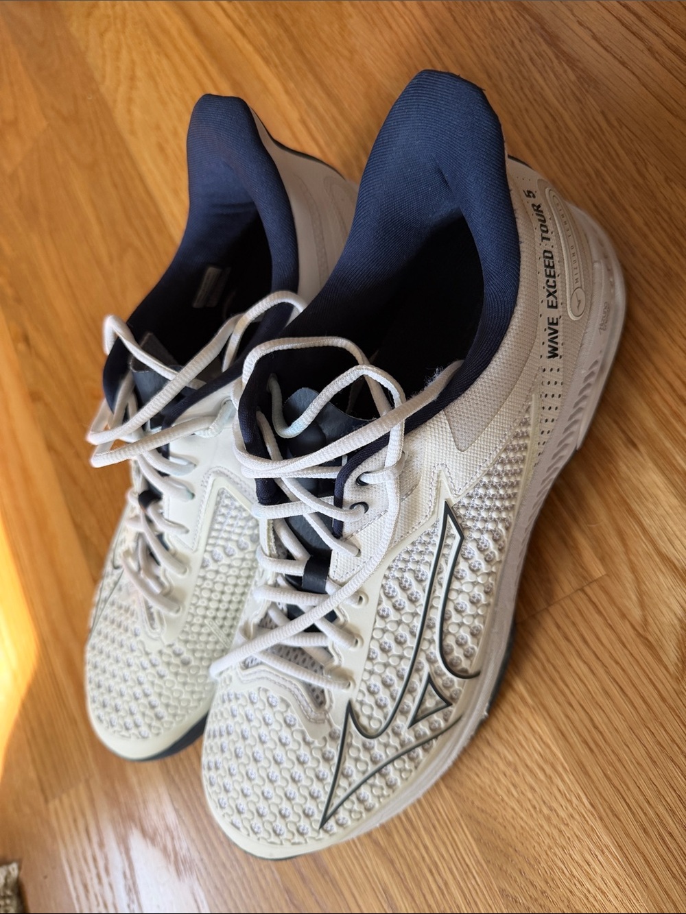Mizuno Men’s White and Navy Wave Exceed Tour 5 Tennis Court Shoes